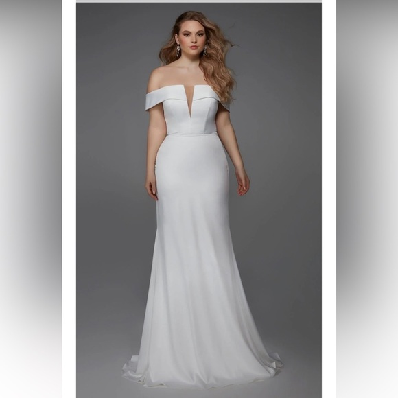 Alyce Paris 7020 Bridal Off The Shoulder Train Fit N Flare Dress 8 Diamond White - Picture 1 of 8